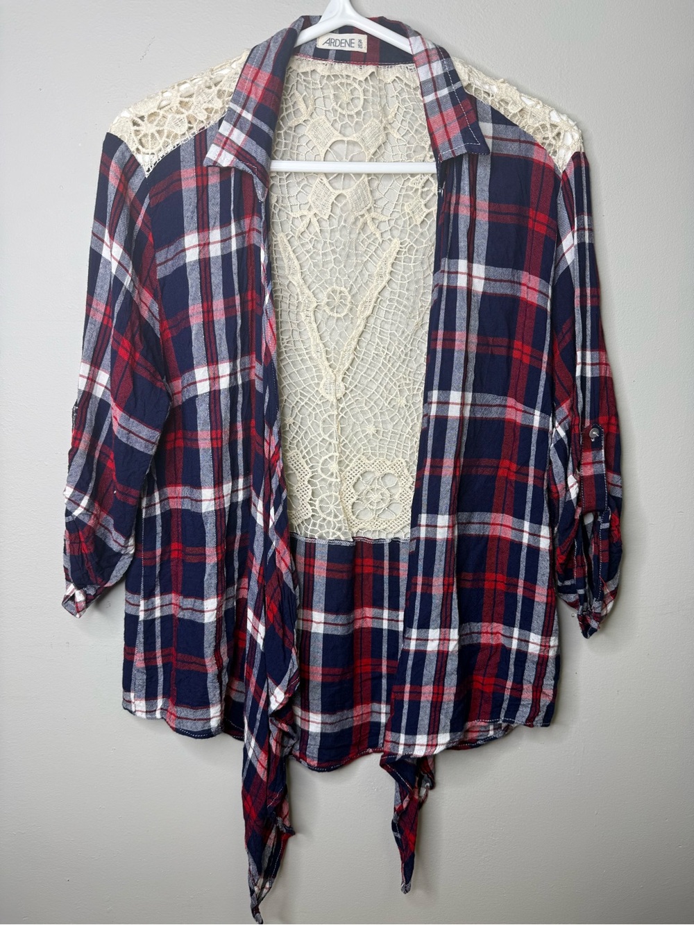 Ardene Flannel Plaid & Lace Waterfall Cardigan Women's XL